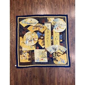 NEW Asilk Women’s Traditional Japanese SILK Scarf 42” Square Yellow & Blue Fine!